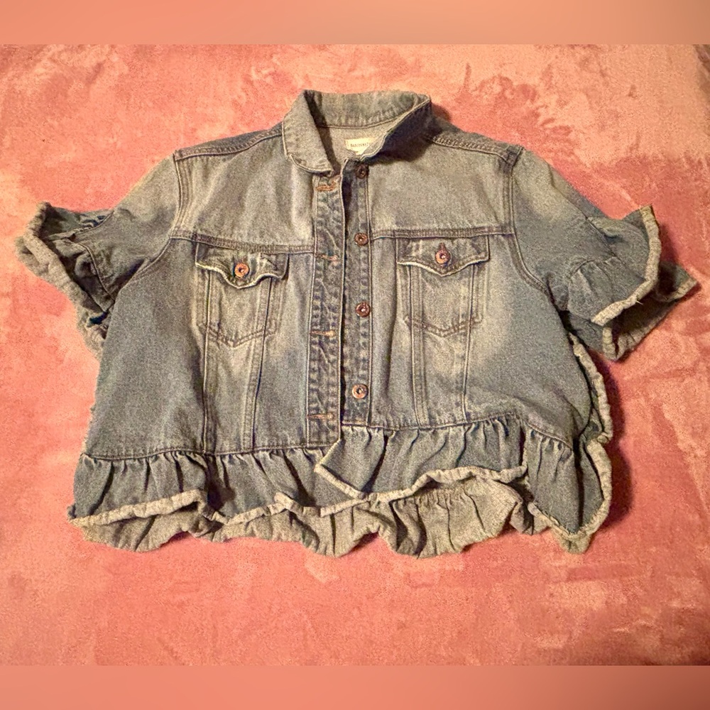 Dance & Marvel Denim Ruffle Short Sleeve Cropped Jacket Size Medium